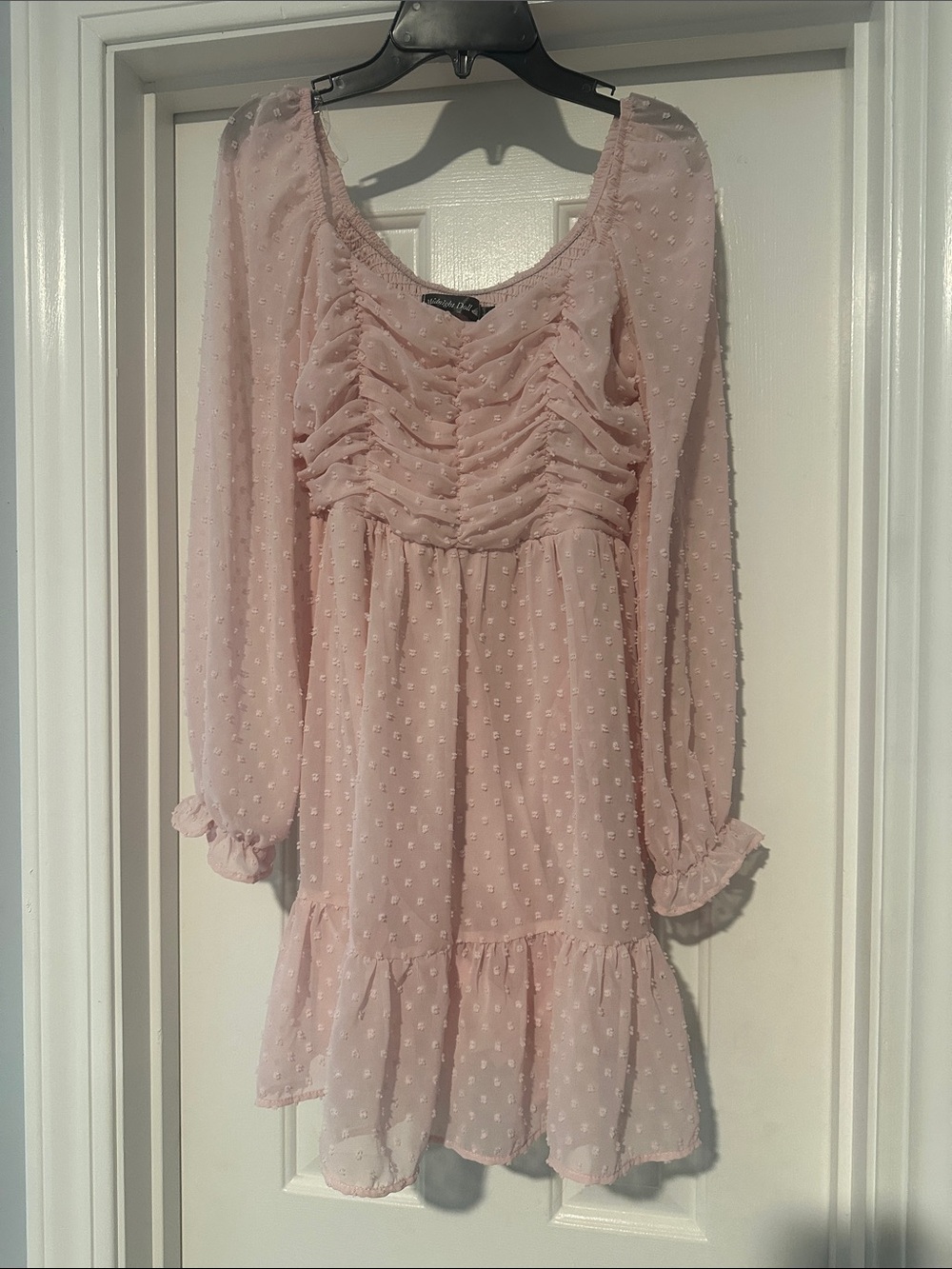 Ruched Swiss Dot Mini Dress in Pale Pink